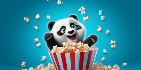 Popcorn flying out of a striped box 3d rendering .Funny cartoon of baby giant panda eating popcorn...