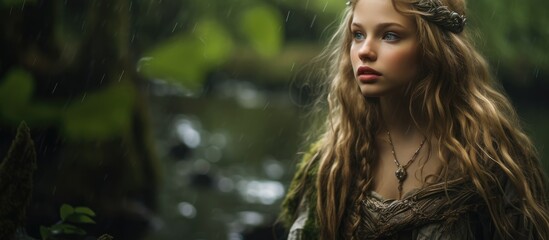 Naklejka premium Noble Scandinavian girl lost in dense forest during medieval era.