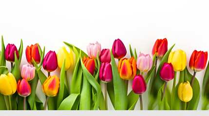 Colorful tulips isolated on white background, green leaves. Plant variety. For art texture, presentation design or web design and web background.