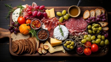A charcuterie board filled with cured meats, cheeses, and pickled vegetables. - obrazy, fototapety, plakaty