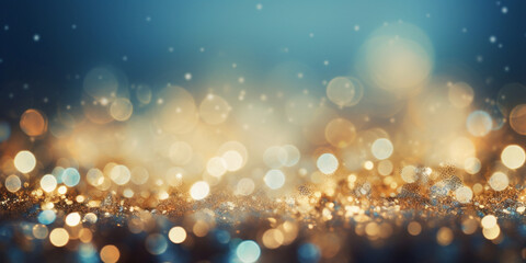 Fototapeta na wymiar Bokeh background and golden light mist, blue with turquoise wallpaper with bokeh defocused lights and snowflakes.AI Generative
