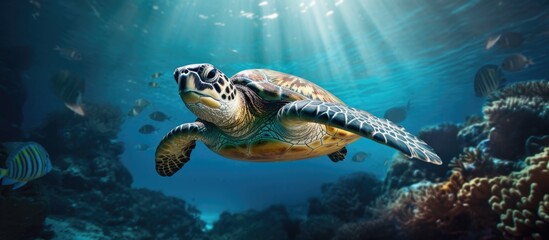Fototapeta premium Hawksbill sea turtle swimming underwater.