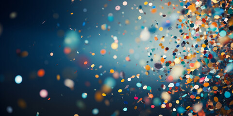 Colorful confetti details from New Years celebration background Multi-colored bright confetti on a backdrop with bokeh effect. Abstract glamour texture for holiday party blue light dark background.