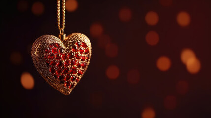 Golden heart on blurred bokeh background, copy space. Beautiful Heart-shaped pendant hanging on a derk red background. Valentine's day, Love, Wedding, Romantic concept