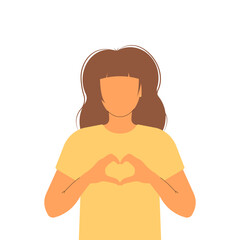 International Women s Day card. 8 march. Campaign 2024 inspireinclusion. Woman with heart shaped hands to stop gender discrimination. Flat vector illustration