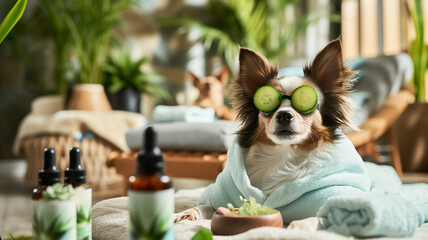 Pampered Dog Pooch Indulges in Spa Day Enjoying CBD oils: The Rising Trend of CBD Oil for Pet Relaxation and Wellness. Funny Image made with Generative AI Technology. - 708812123