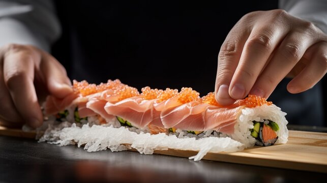 A close-up of a chef's hands carefully assembling a sushi roll with precision.