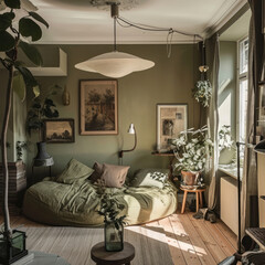 Bohemian Flair Studio Apartment Design in Olive Green