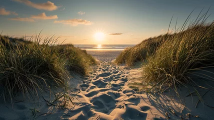 Deurstickers Strand zonsondergang Step onto the dune beach at sunset.