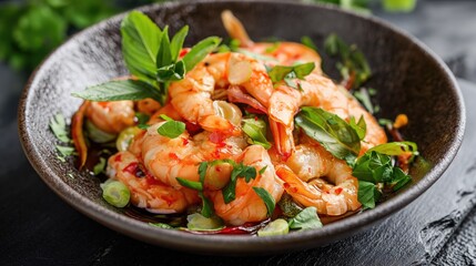 Thailand Culinary Delight: Char-Grilled Prawns with Chili, Lemongrass, and Fresh Herbs in Artisan Bowl