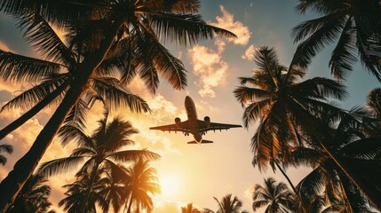 Fototapeta na wymiar A commercial plane flying above palm trees at sunset, jet plane flying over tropical island