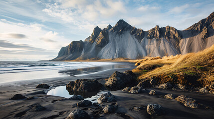 Fototapeta premium Steep mountains with beaches and black sand.