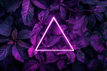 A neon triangle surrounded by leaves and vegetation with lights in violet and purple colors, tropical party concept