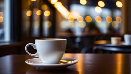 Obraz premium a cup of coffee on the table in a cafe