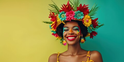 Brazilian black woman in carnival costume on green and yellow background with copy space