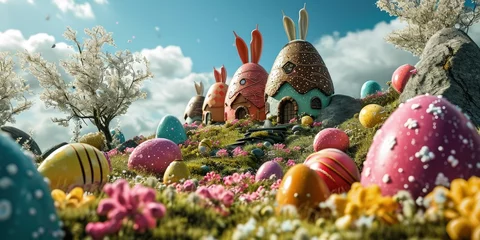 Fotobehang Easter fantasy world with bunnies, giant chocolate eggs and colorful sweets © Kaleb