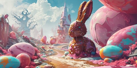 Easter fantasy world with bunnies, giant chocolate eggs and colorful sweets