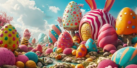 Easter fantasy world with bunnies, giant chocolate eggs and colorful sweets - obrazy, fototapety, plakaty