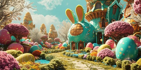 Easter fantasy world with bunnies, giant chocolate eggs and colorful sweets - obrazy, fototapety, plakaty