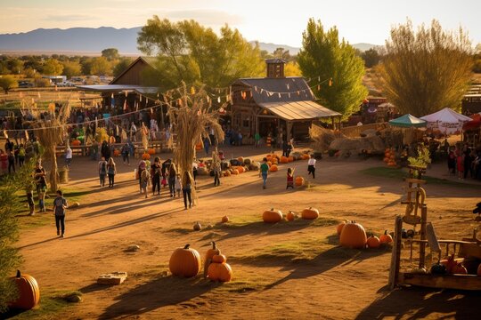 Crowded pumpkin patch with people walking around and hay bales and pumpkins everywhere