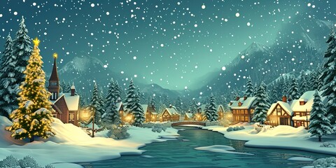 Christmas landscape of North Pole village with pine forest, snow, river, 3D cartoon style, Christmas background