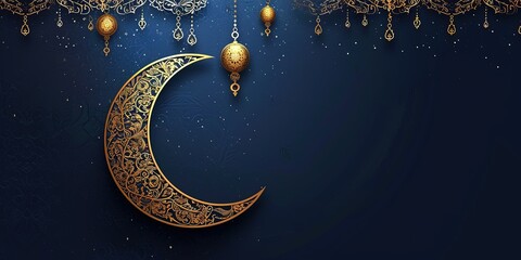 Blue Ramadan card with golden moon and lantern - obrazy, fototapety, plakaty