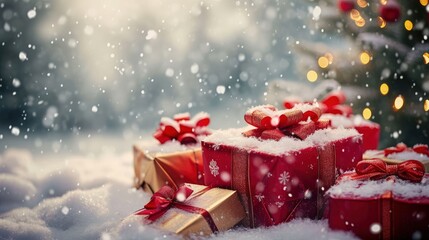 Christmas gifts near christmas tree in snow, christmas background