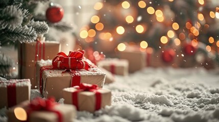 Christmas gifts near christmas tree in snow, christmas background