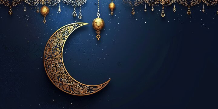 Blue Ramadan card with golden moon and lantern