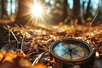 Compass lost on forest floor - obrazy, fototapety, plakaty