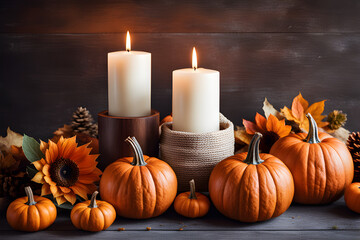 Autumn table decoration. Interior decor for fall holidays with handmade pumpkins and candles. Holiday greeting card