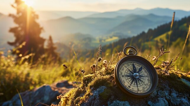 Compass on top of stone with landscape of mountains and forest in the background