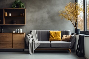 A minimalist living room with a gray couch and a yellow pillow