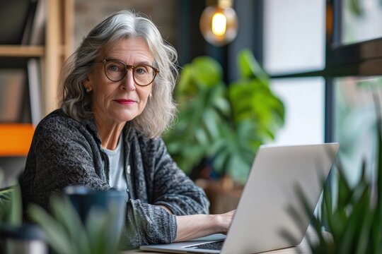 Elderly woman working with laptop at office desk, Old woman working in office
