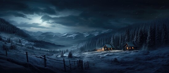 Winter moonlit Carpathian mountains showcase charming log cabins amidst.