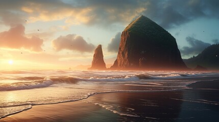 Sunset Beach with Majestic Rock Formations - obrazy, fototapety, plakaty