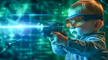 Little boy playing with a gun. Future and technology concept, virtual reality headset to study science home online study futuristic lifestyle learning - obrazy, fototapety, plakaty