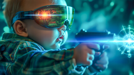 Little boy playing with a gun. Future and technology concept, virtual reality headset to study science home online study futuristic lifestyle learning - obrazy, fototapety, plakaty
