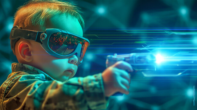 Little boy playing with a gun. Future and technology concept, virtual reality headset to study science home online study futuristic lifestyle learning