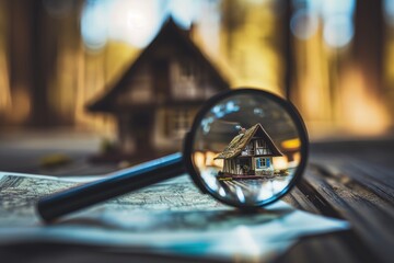 Magnifying glass analyzing wooden cabin in forest - obrazy, fototapety, plakaty