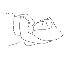 vector continuous line drawing of sleeping young man 
 lies in bed 