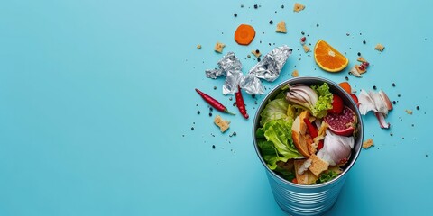 Metallic trash can with leftover food isolated on blue background, Trash bin with organic waste - obrazy, fototapety, plakaty