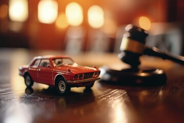 Fototapeta na wymiar Miniature car and judge's gavel on a wooden table in the courtroom, Vehicle auction concept