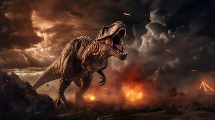 Prehistoric Dinosaur Roars In Prehistoric Landscape