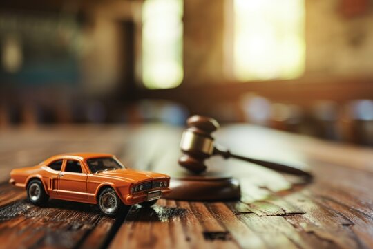 Miniature car and judge's gavel on a wooden table in the courtroom, Vehicle auction concept