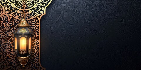 Ramadan card with lantern and arabic decoration on black background with copy space