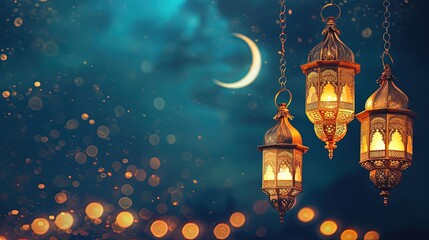 Ramadan card with arabic lanterns and moon on blue background with blurred lights and copy space
