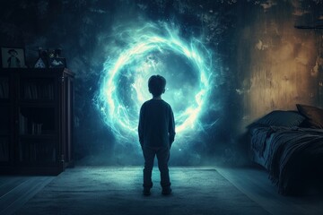 Obraz premium Boy entering the video game world inside the room, portal to the fantasy world inside the room