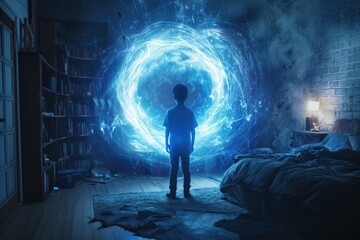 Boy entering the video game world inside the room, portal to the fantasy world inside the room
