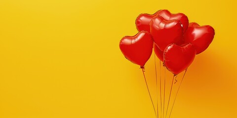 Red balloons in the shape of a heart isolated on yellow background with copy space, Valentine's Day
